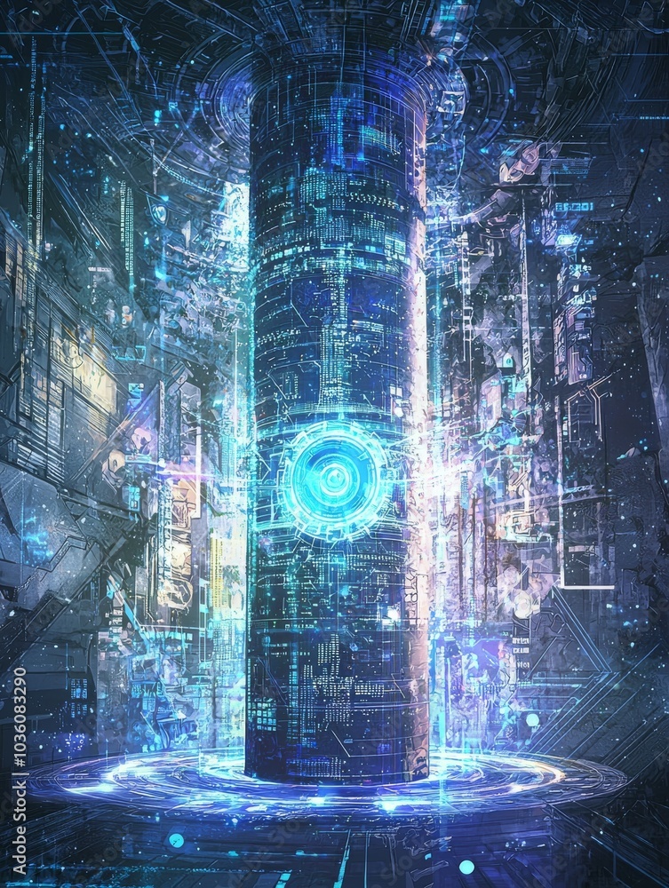 Poster various banking icons are displayed in holographic form as interactive displays