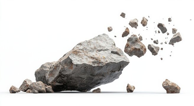 Fragments of a large rock breaking apart on a white background.
