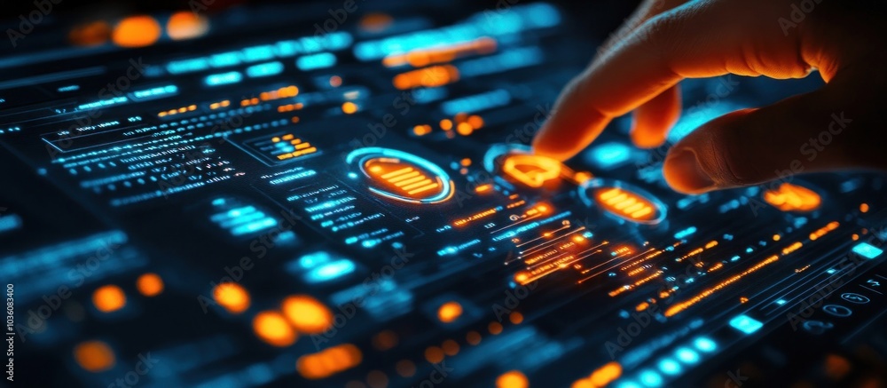 Canvas Prints a hand interacts with a futuristic interface with glowing blue and orange buttons.