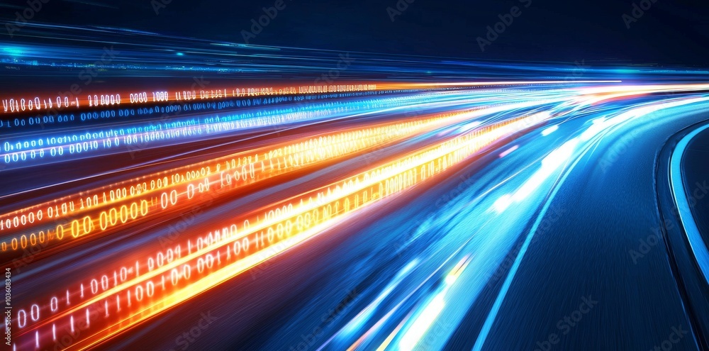 Poster a 3d rendering of an abstract highway path in the form of digital binary towers in a city. it illust