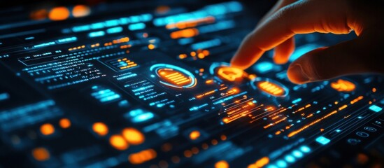 A hand interacts with a futuristic interface with glowing blue and orange buttons.