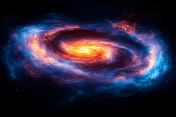 Fototapeta premium A vibrant spiral galaxy swirling with orange and blue hues against a dark cosmic background