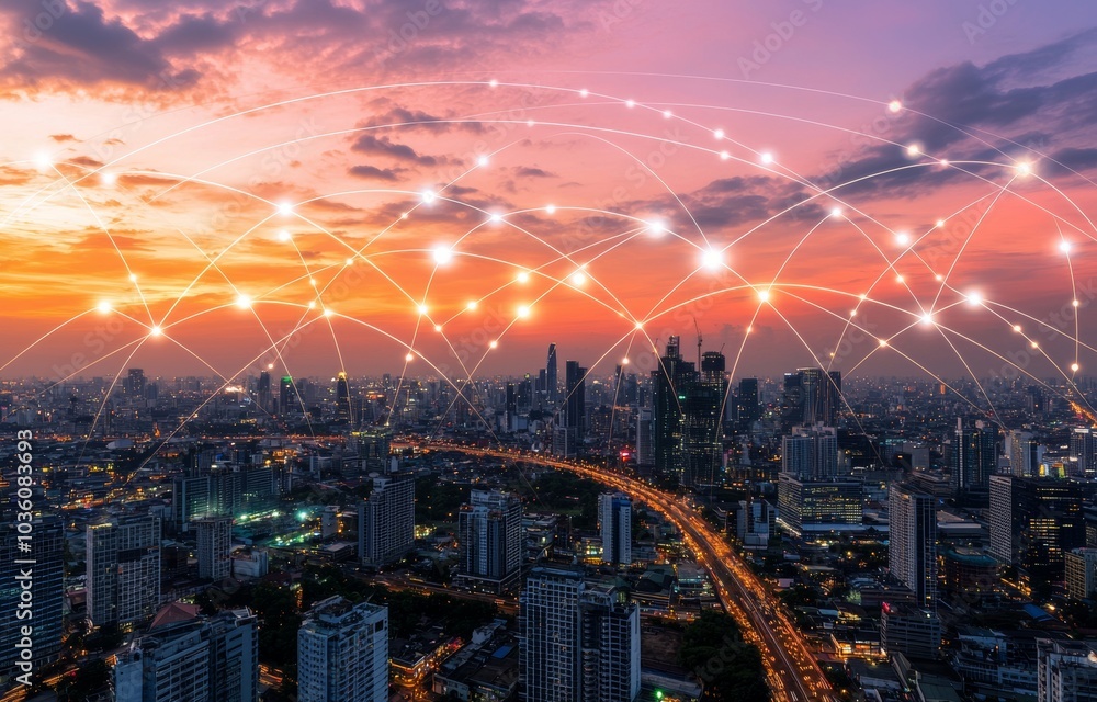 Aufkleber an abstract bangkok city background with a wireless network and connection technology concept