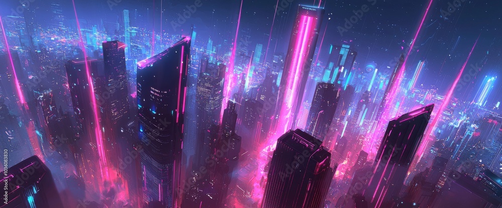 Poster with a smart city and abstract dot point design connected by gradient line and aesthetic wave design