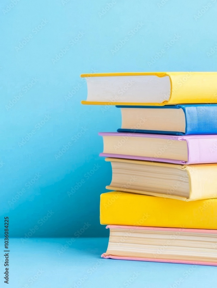 Poster the stack of colorful books with bookmarks is rendered in a 3d environment on lavender background, a