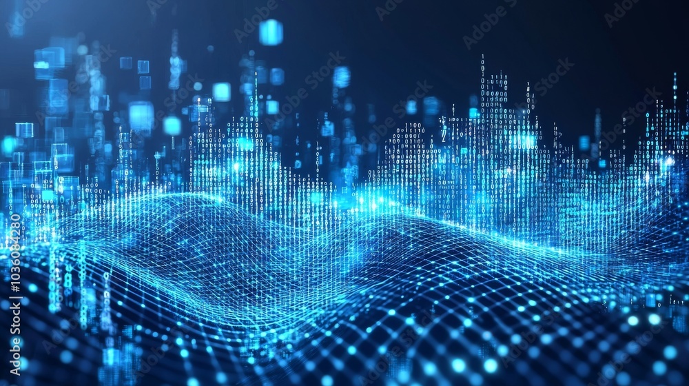 Poster the background is composed of digital binary code waves with blue and green tones.
