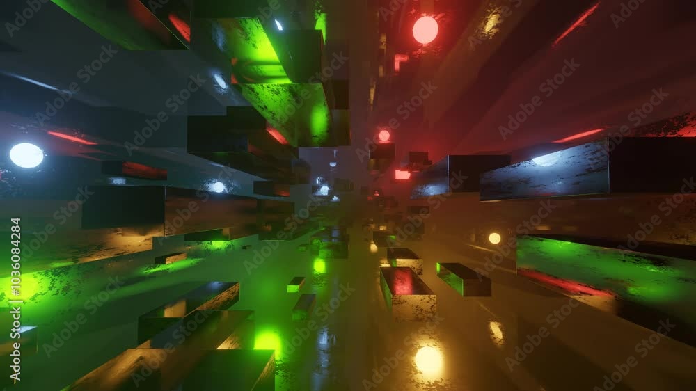 Aufkleber fly through technology cyberspace with neon glow. sci-fi flight through hi-tech technology tunnel. h