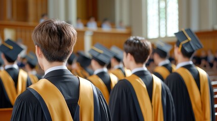 Obraz premium Graduates wearing caps and gowns stand in a row. The scene is one of pride and accomplishment