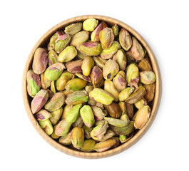 Peeled pistachio nuts in bowl isolated on white, top view