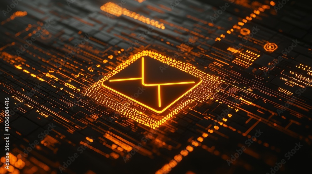 Poster information technology is represented by digital streams and binary codes surrounding the email icon
