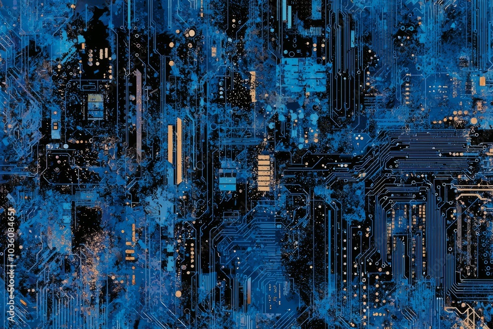Poster using point and line compositions on gradient blue background, abstract technology border background
