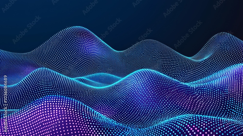Poster musical wave with interlacing dots and lines on an abstract background. 3d rendering.