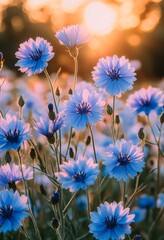 Fototapeta premium Beautiful blooming flowers illuminated by soft light in a serene garden setting at dusk