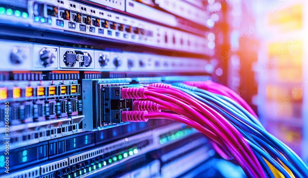 Poster computer networks and telecommunications ethernet cables connected to an internet switch.