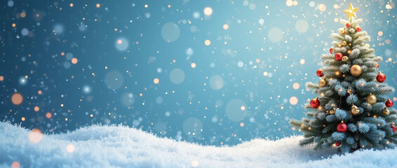 Christmas Tree in Winter Wonderland with Sparkling Snowfall, Xmas banner with copyspace, Generative Ai