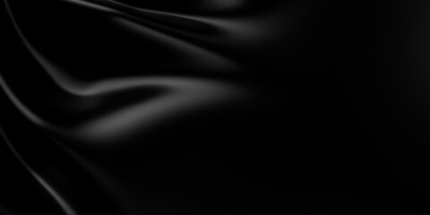 3d soft black waves background. Dark silk crumples. Elegant minimalistic satin ripples backdrop. 3d render illustration