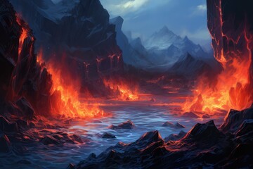 Molten lava cascades down the volcanic slopes at twilight casting a fiery glow over the surrounding rocky terrain and water