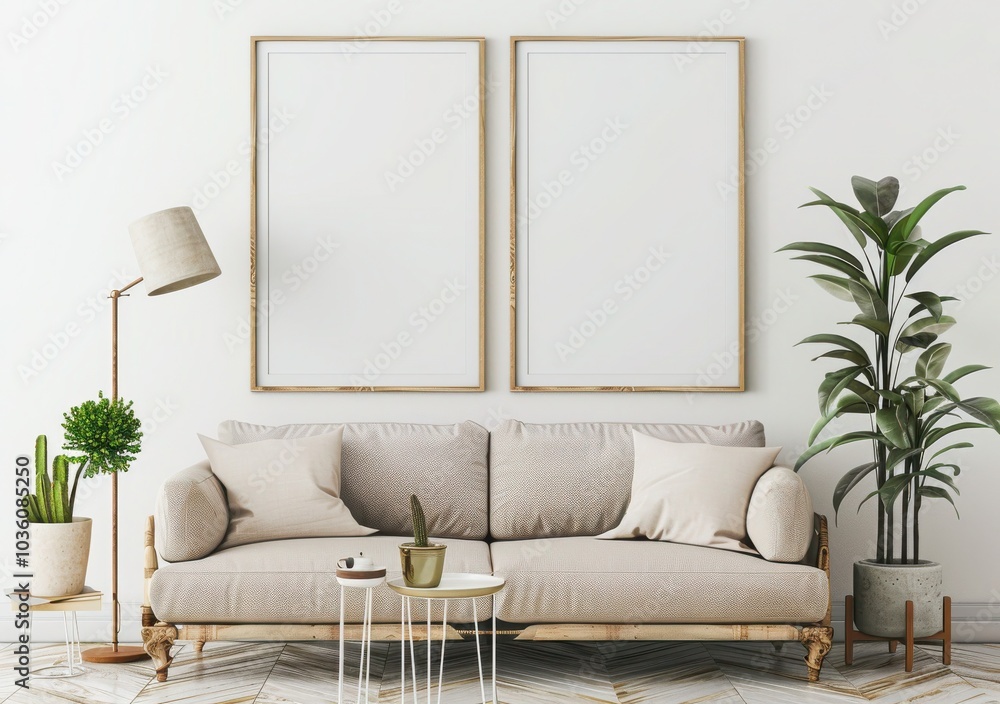 Wall mural Two empty picture frames mockup in a modern living room with beige sofa, plants and floor lamp