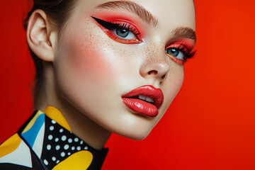 A woman with freckles and bright red eye makeup and lipstick poses while looking to the left. She is wearing a black shirt with white polka dots and geometric shapes.
