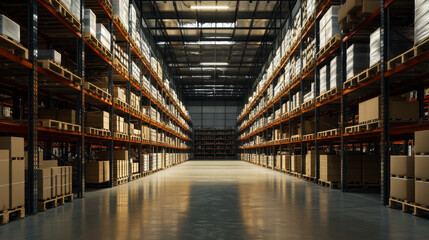 A modern warehouse with advanced technology for storing and moving goods. It has shelves filled with boxes and barrels, and uses digital displays to track inventory levels.