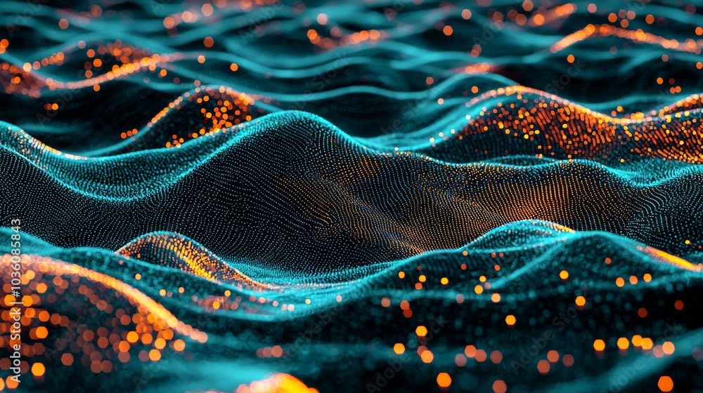 Poster Futuristic green dots background with a dynamic wave. 3D rendering.