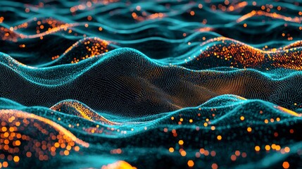 Futuristic green dots background with a dynamic wave. 3D rendering.