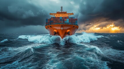 A large cargo ship navigates through turbulent waters, surrounded by dark storm clouds and illuminated by a vibrant sunset, showcasing the challenges of shipping.