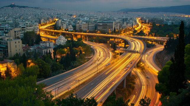 A nighttime view from above shows a busy, lit-up highway interchange in Athens, Greece.  Cars travel on the multi-level roads, connecting to the Attiki Odos toll road.