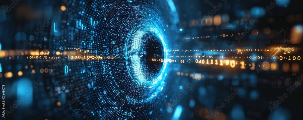 Poster futuristic blue digital eye surrounded by binary code and technology, representing cybersecurity, ar