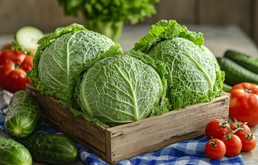 Freshly harvested vegetables including cabbage, cucumbers, and tomatoes arranged in a rustic basket