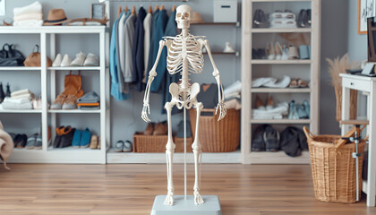 Artificial human skeleton model in wardrobe room, space for text