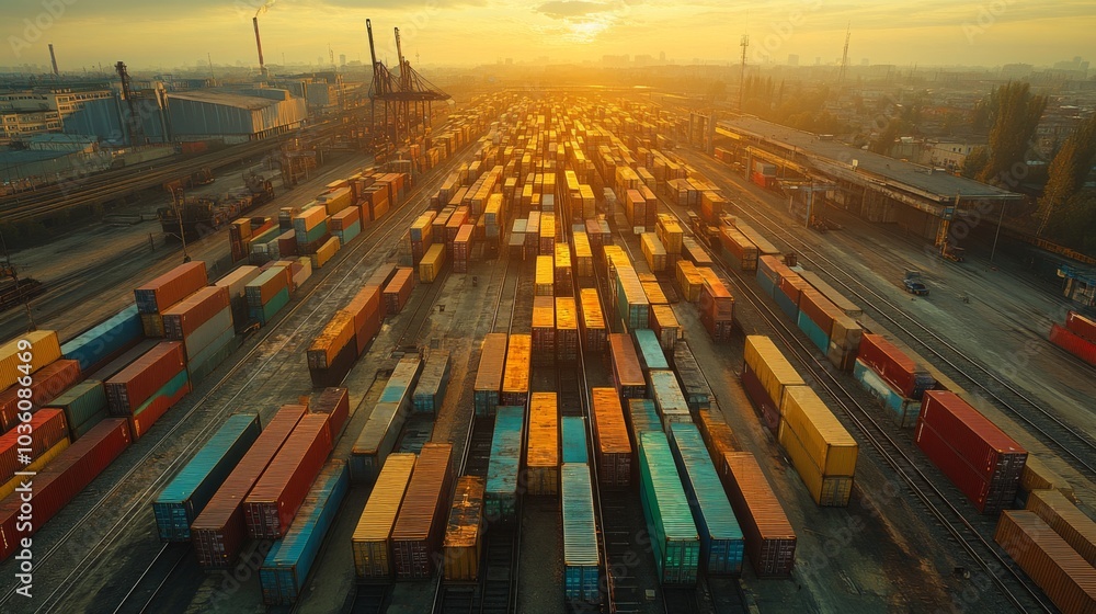 Poster shipping containers are neatly arranged at a bustling port as the sun sets, casting a warm glow acro