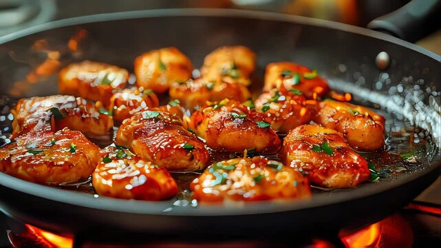 Closeup of chicken breasts being fried in a pan, beautifully browned and garnished with herbs