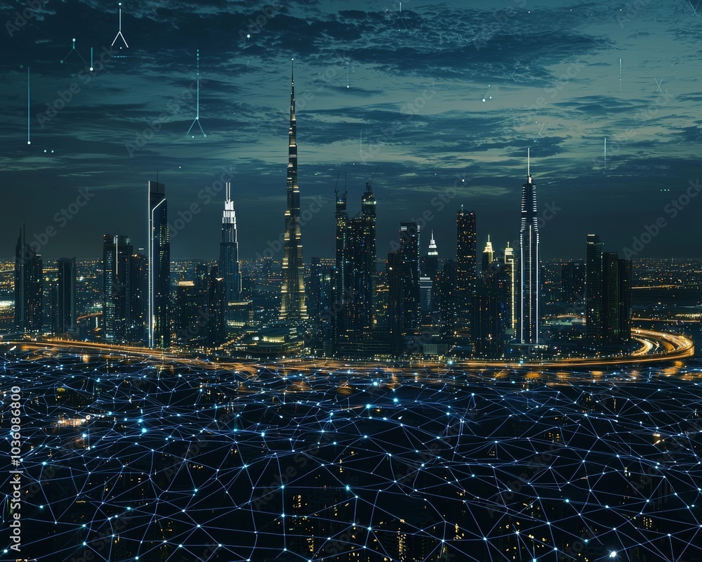 Poster there is a gradient line connecting a smart city and an abstract dot point