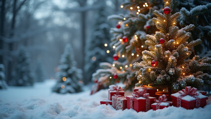 Magical Christmas tree with presents in a snowy forest, Xmas background, Generative Ai