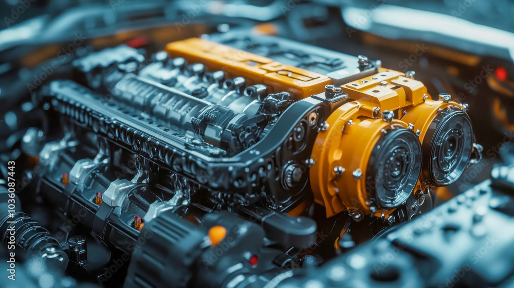 Poster detailed view of a modern car engine with yellow and black elements, emphasizing precision and autom