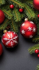 Decorate your holiday celebrations with this elegant design featuring red Christmas ornaments adorned with snowflakes amidst a stylish black backdrop, ideal for cards