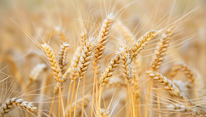Ripe wheat spikes in agricultural field, closeup