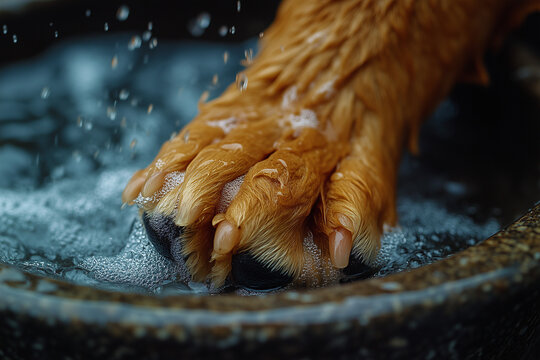 Les pattes d'un chien, avec ses griffes visibles, s'enfoncent dans l'herbe lors d'une balade joyeuse &agrave; l'ext&eacute;rieur.