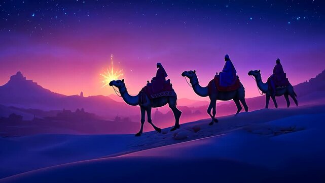 The three wise men riding their camels at night. Christian celebration concept