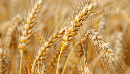 Ripe wheat spikes in agricultural field, closeup