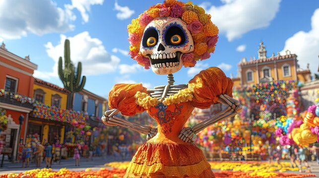  La Catrina adorned with marigolds in a public street for Día de los Muertos.  cultural promotions, event marketing, an invitation to a parade or celebration of a holiday in the city