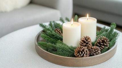 decoration of welcome candles and pine branches on a tray on the table. Christmas atmosphere and coziness in the house