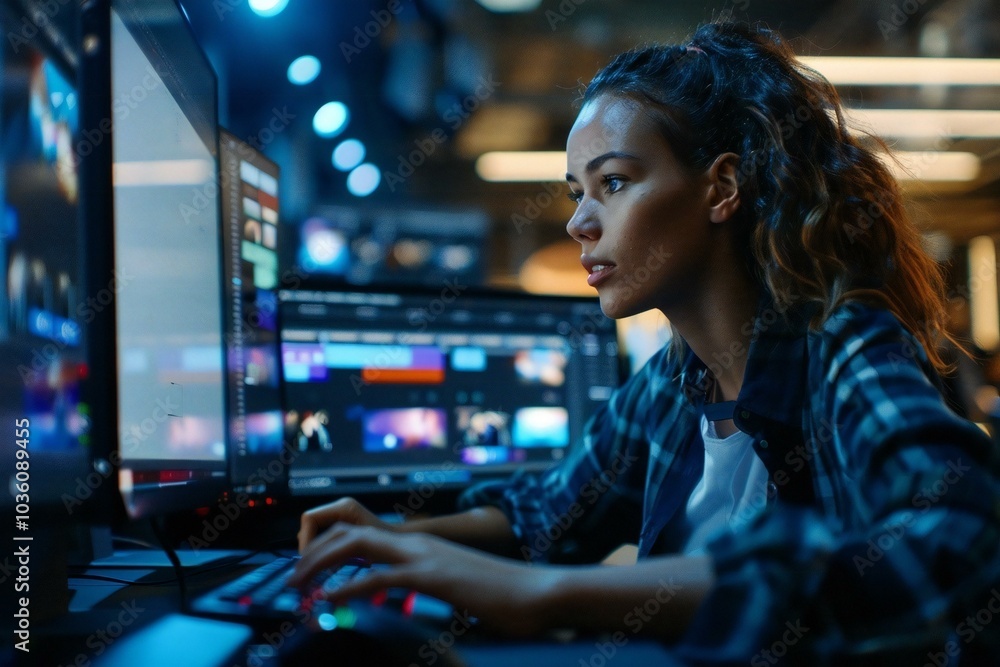 Poster african american female video editor working on computer using editing software tech.