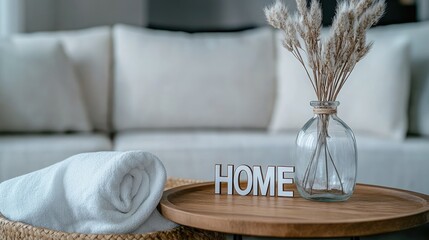 This inviting living room features a minimalistic design with pastel colors, soft lighting, and a decorative table labeled Home, creating a warm atmosphere for relaxation