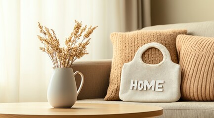 This inviting living room features a minimalistic design with pastel colors, soft lighting, and a decorative table labeled Home, creating a warm atmosphere for relaxation