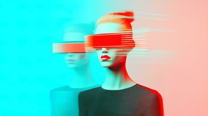 Modern artistic background with young woman with headset, double exposure, colour grading, copy space 