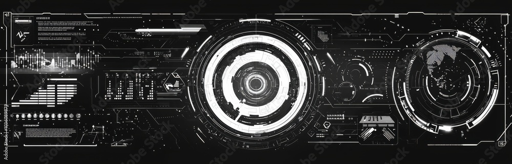 Poster abstract digital technology ui/ux futuristic hud, fui. callout titles and frame in sci-fi style. bar