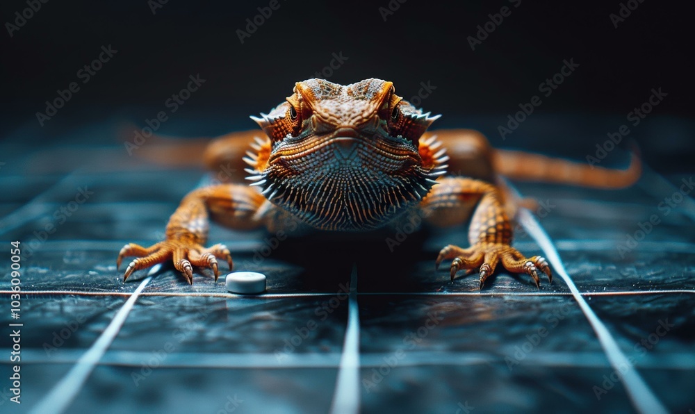 Poster a lizard stares intently at a small object in front of it. ai.