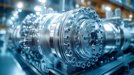 Advanced industrial turbine system, glowing with orange lighting, highlighting cutting-edge machinery and high-performance engineering